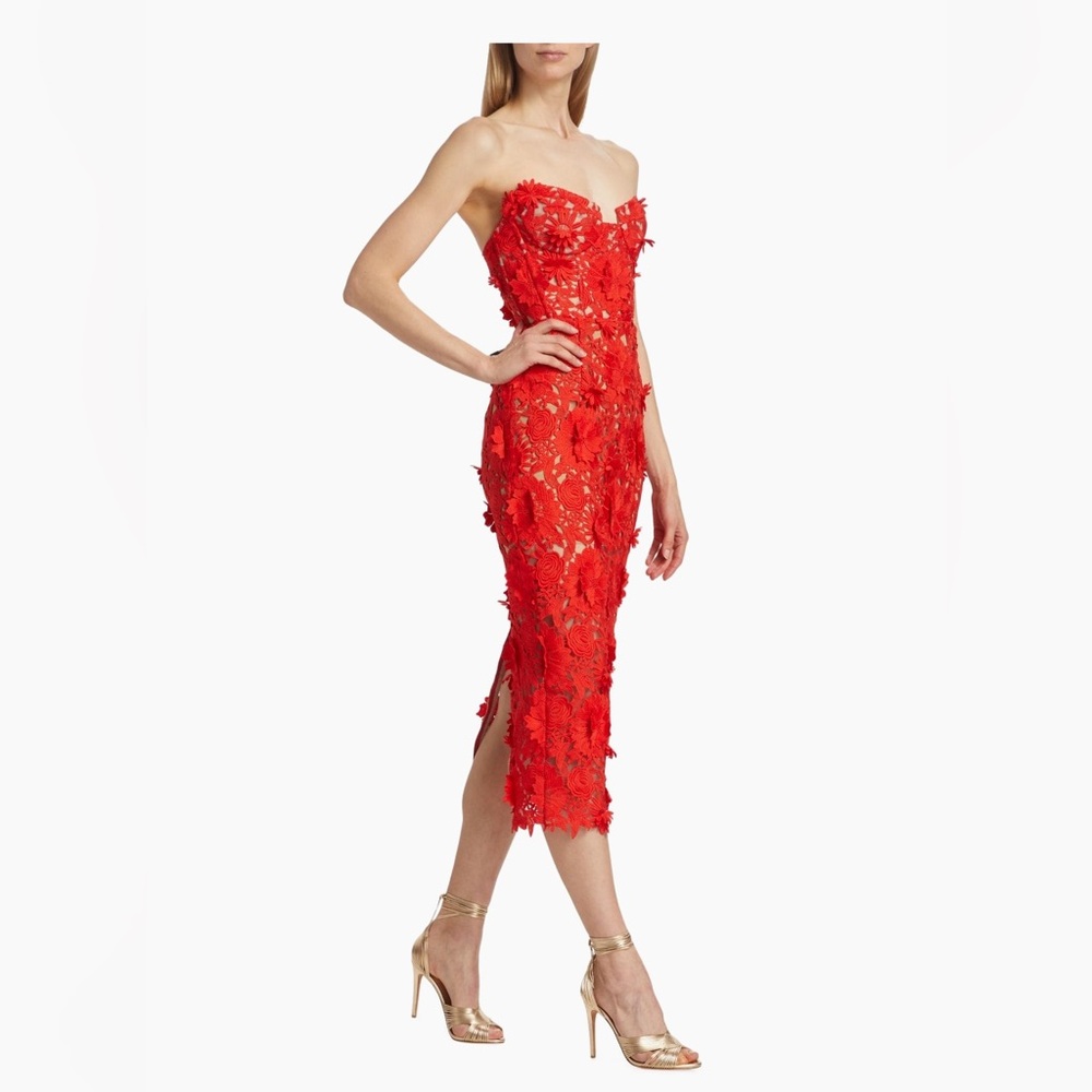 Bronx & Banco - Red Jasmine Strapless Lace Midi Dress Size: L